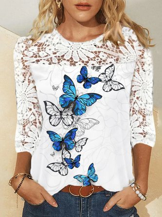 Lässig Rundhals Schmetterling T-Shirt
