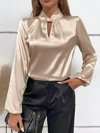 Satin Unifarben Stehkragen Elegant Bluse