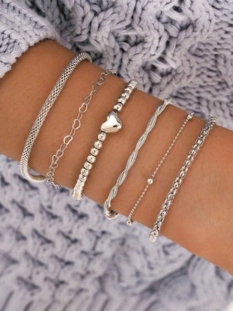 6 STÜCKE Silber Metall Perlen Herzenmuster Multilayer Armband Set