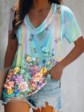 Regenbogen Blumenmuster Damen T-Shirt