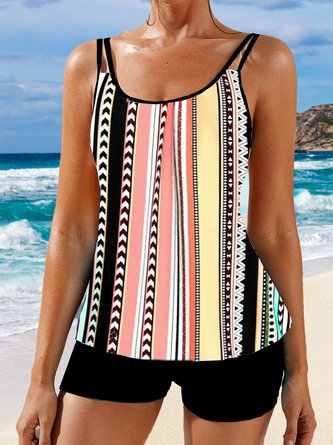 Lässig Gestreift Print Rundhals Tankini