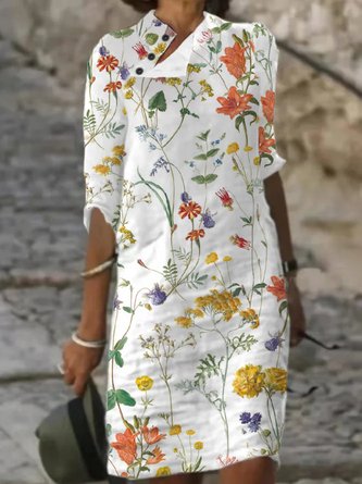 Geblümt Lässig Stehkragen Kleid