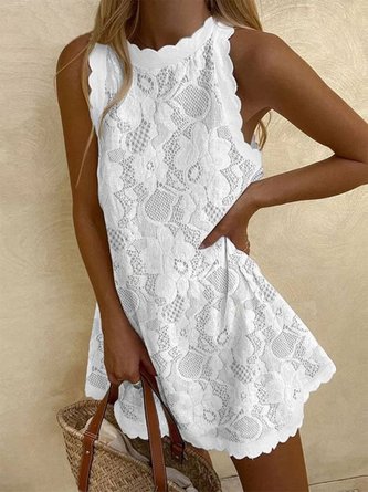 Unifarben Spitze Jacquard Ärmellos Lässig Tunika Kleid