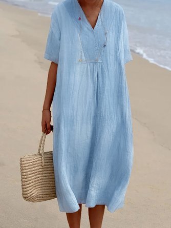Einfarbiges Sommerkleid für Damen mit V-Ausschnitt  regelmäßig täglich H-Linie