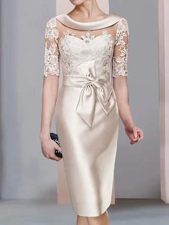 Elegant Satin U-Boot-Ausschnitt Unifarben Kleid
