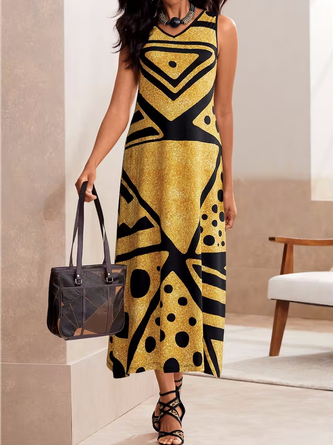 Rundhals Geometrisch Lässig Weit Sommer Kleid