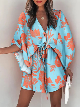 Lässig Geblümt Weit V-Ausschnitt  Sommer Jumpsuit