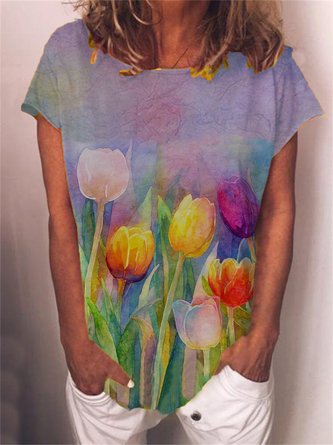 Damen Sommer Tulpe Print T-Shirt Oberteile