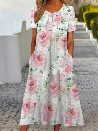 Geblümt Rundhals Urlaub Weit Kleid