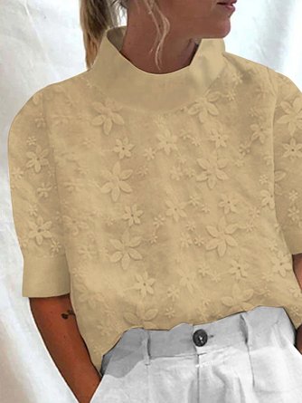 Damen Baumwolle Leinen Spitze Revers Button Down Kurzarm Bluse