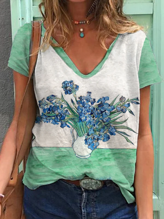 Damen Iris Öl Malerei Print V-Ausschnitt T-Shirt