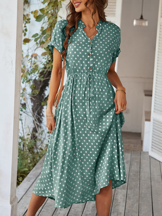Weit Lässig Stehkragen Polka Dots Kleid