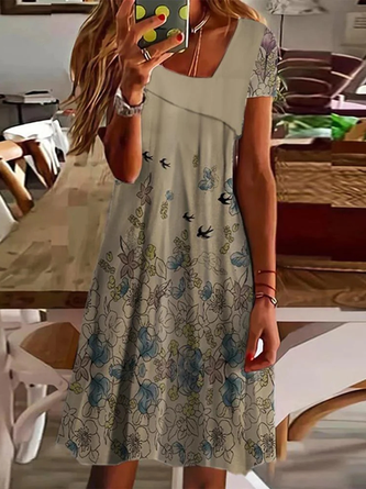Weit Geblümt Retro Asymmetrisch Kleid