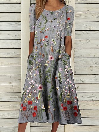 Weit Lässig Print Rundhals Kleid