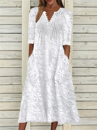 Halb offener Kragen Weit Leinen Kleid