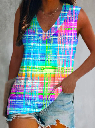 Weit Gestreift Lässig V-Ausschnitt Bunt prüfen Batik Print Damen Tanktop