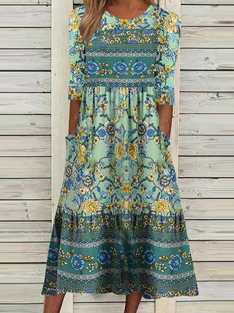 Lässig Ethnisch Weit Rundhals Kleid