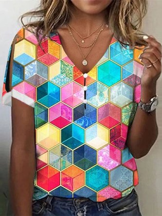 Damen Bunt Geometrisch Weit V-Ausschnitt  Lässig Sommer T-Shirt