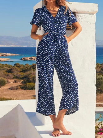 Weit V-Ausschnitt Geblümt Urlaub Jumpsuit