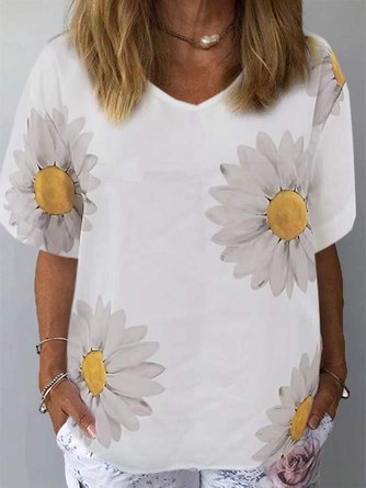 Frau Lässig Print Leinen Sonnenblume V-Ausschnitt T-Shirt