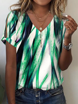Damen Farbverlauf Geknöpft Baumwolle Weit  Lässig V-Ausschnitt T-Shirt