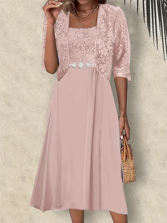 Unifarben Rundhals Elegant Spitze Zweiteiliges Set