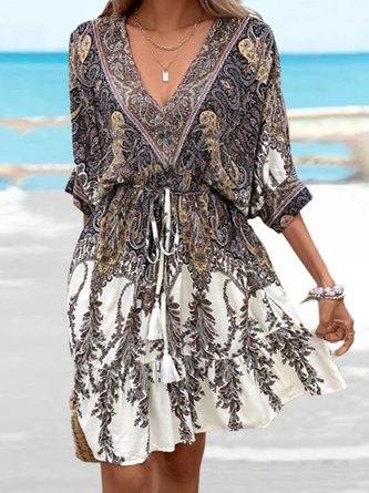 Weit Urlaub Ethnisch V-Ausschnitt Kleid