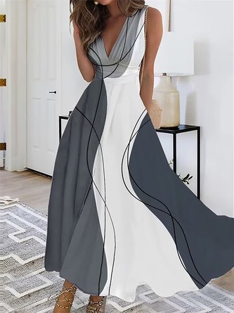 Elegant Abstrakt Streifen V-Ausschnitt Kleid mit Nein