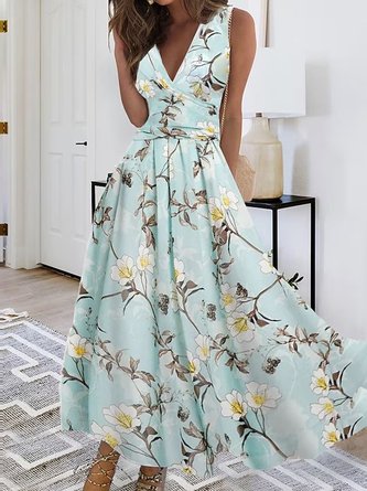 Elegant Weit Geblümt V-Ausschnitt Kleid