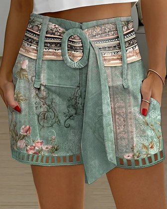 Geblümt Ethnisch Print Ausgehöhlt GÜRTELT Shorts