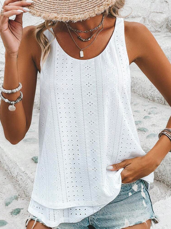 Weit Geometrisch Elegant Rundhals Unifarben Perforiert Stickerei Tanktop Oberteile