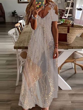 Abstrakt Lässig Spitze V-Ausschnitt Maxikleid