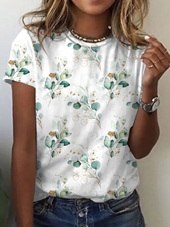 Damen Lässig Geblümt Sommer Kurzarm Rundhals T-Shirts