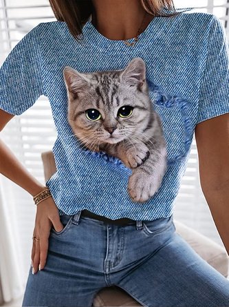 Weit Lässig Rundhals Blau Katze Print Kurzarm Täglich Wochenende Basic  Regelmäßig 3D Katze Malerei T-Shirt