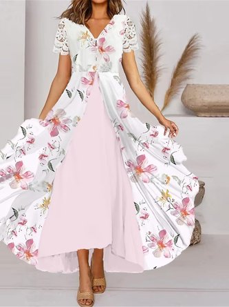 Elegant Spitze Geblümt V-Ausschnitt Kleid