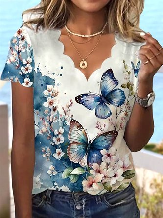 Schmetterling Weit V-Ausschnitt Lässig T-Shirt