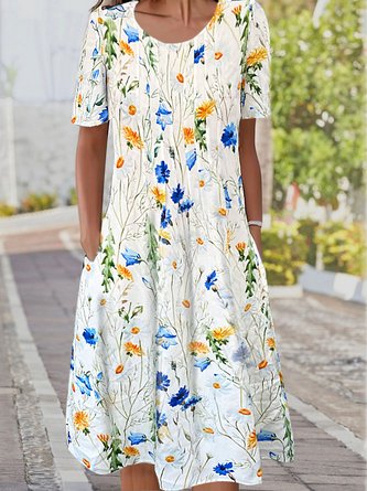 Rundhals Kurzarm Geblümtes Strickkleid
