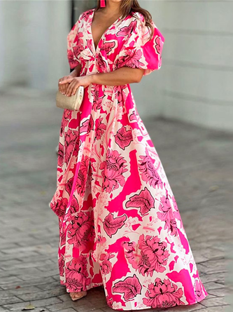 Geblümt Elegant Baumwolle Weit Kleid