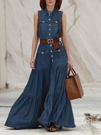 Urban Unifarben Regelmäßige Passform Hemdkragen Denim Kleid mit Nein Gürtel