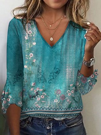 Ethnisch Gestrickt Glockenärmel Lässig Bluse