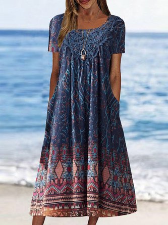 Karree-Ausschnitt Lässig Ethnisch Kleid