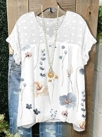 V-Ausschnitt Chiffon Weit Lässig Geblümt Bluse
