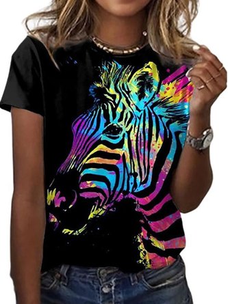 Damen Lässig Bunt Zebra Muster Rundhals Kurzarm T-Shirt Täglich Pendeln Kleidung