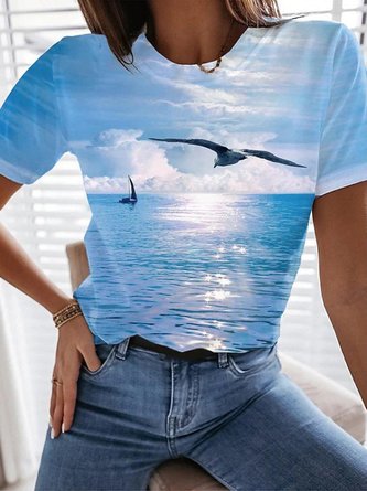 Lässig Frühling Sommer Möwe Muster Rundhals Kurzarm T-Shirt Urlaub Täglich Kleidung für Damen