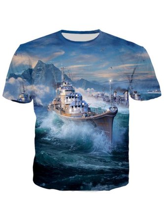 Herren Straße Lässig 3D Schiff Muster Rundhals Kurzarm T-Shirt Täglich Kleidung