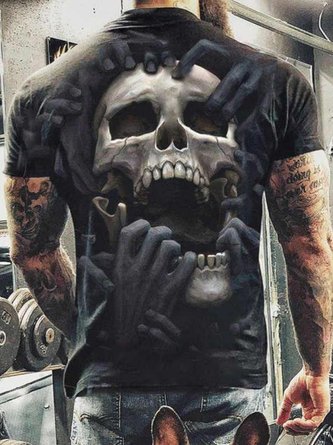 Herren Straße Lässig Schädel Muster Rundhals Strecken Passen Kurzarm T-Shirt