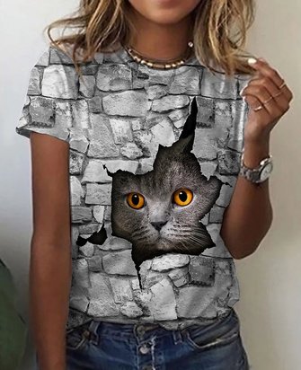 Lässig Katzenmuster Regelmäßig Pullover Rundhals Kurzarm T-Shirt Täglich Damen Kleidung