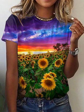 Damen Farbverlauf Sonnenblume Muster Kurzarm T-Shirt Lässig jeden Tag Kleidung