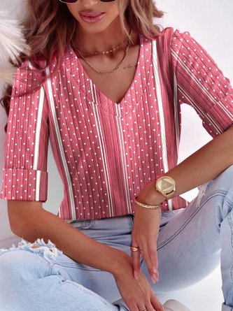 V-Ausschnitt Regelmäßige Passform Polka Dots Lässig T-Shirt