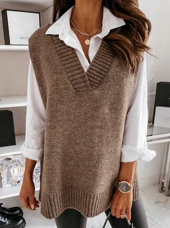 Unifarben V-Ausschnitt Baumwollmischung Lässig Pullover